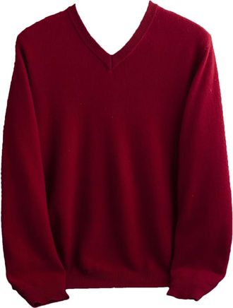 Generic Mens 100% Merino Wool Seamless Sweater Long Sleeve V Neck Pullover Solid Thick Lightweight Jumper Burgundy XL