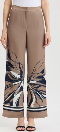 Ming Wang Crepe de Chine Wide Leg Floral Abstract Pants in Warm Taupe/indigo/ivory at Nordstrom, Size Xx-Small