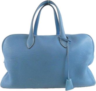 Herm&egrave;s Blue Jean Taurillon Clemence Leather Boston Bag (Pre-Owned)