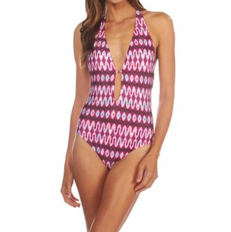 Kenneth Cole V-Plunge Halter One Piece Swimsuit In Berry