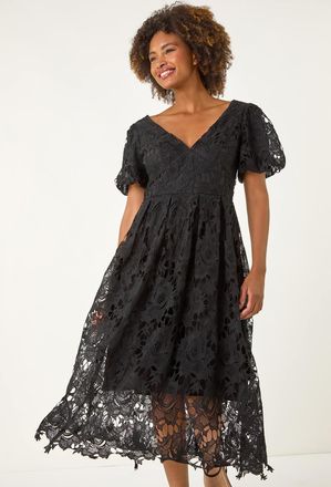 Roman Crochet Lace V-Neck Midi Dress