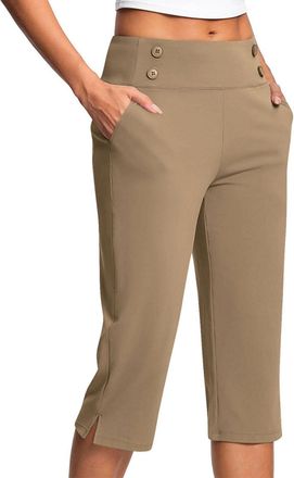 Generic Capri Pants for Women Ladies Cropped Pants High Waist Stretch Bottoms Yoga 3/4 Dress Pant with Pockets Summer Elegant Crop Trouser Office Business Wor