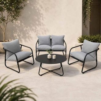 Alivio 4 Seater Iron Garden Sofa Set with Cushion & Coffee Table, Grey | Size: 110 cm x 35 cm