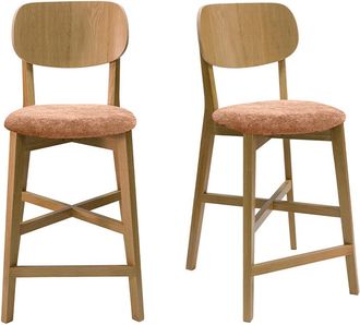 Miliboo Set De 2 Taburetes De Cocina De Madera De Roble Claro Y Tela Efecto Aterciopelado Terracota 65 Cm Lucia