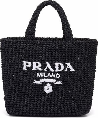 Prada logo-embroidered raffia tote bag - women - Raffia - OS - Black