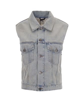Haikure Sleeveless Denim Gilet with Button Closure and Distressed Hem