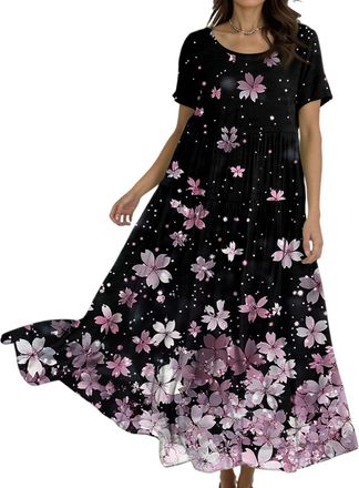 Generic Summer Dresses for Women UK, Womens Plus Size Summer Maxi Dresses Casual Short Sleeve Crew Neck Swing Long Sundress Flowy Tiered Party Dress for Beach