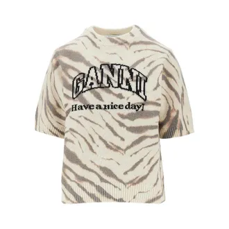 Ganni Knitted top with zebra-striped motif Woman S