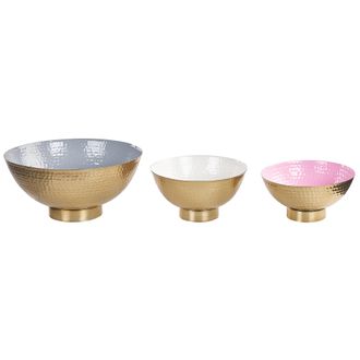 Beliani Beliani - Conjunto De 3 Cuencos De Metal Dorado Gris Blanco Rosa Acabado Martillado Baru