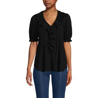 Lands End Puff Sleeve Slub Ruffle Pintuck Top in Black at Nordstrom, Size X-Small
