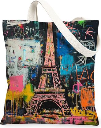Generic Artistic Vintage Canvas Tote Bags, Colorful Paris Tower Design Reusable Grocery Bags, Lightweight Washable Shoulder Strap Canvas for Shopping Travel B