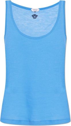 Versace Geborduurde Ribgebreide Wollen Tanktop - Dames - Tops zonder mouwen - Blauw - S - Wol - Tops