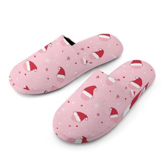 Generic Christmas Hat Pattern Mens Slippers Flannel Warm House Shoes with Rubber Anti-Slip Sole Slip On for Home Outdoor