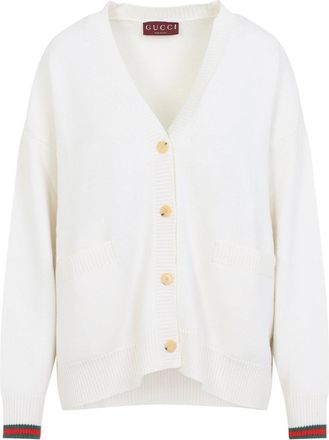 Gucci Ivory White Wool Web Cardigan-Donna
