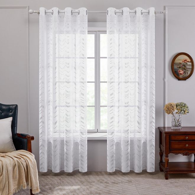 Deconovo Halbtransparent Gardinenschals Vorhang mit Ösen Gardinen Wohnzimmer Modern Stores Gardine Linienmuster Dekoschal Schlafzimmer Balkon, 290x140 cm(Höhex ab 8,49 €