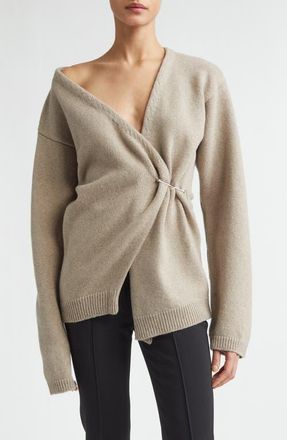 R&oacute;he Safety Pin Off the Shoulder Wool & Cashmere Wrap Cardigan in Light Taupe at Nordstrom, Size 10 Us