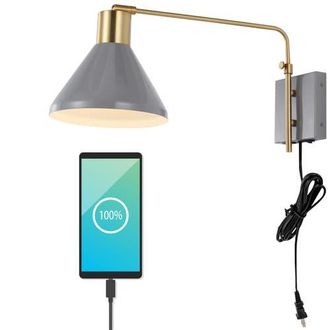 Jonathan Y Designs Max Swing Arm 1-Light Modern Midcentury Iron USB Charging Port LED Sconce in Gray at Nordstrom