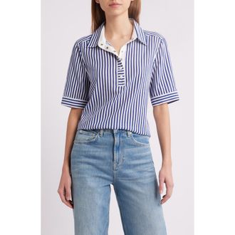 Frame Denim Stripe Cotton Snap Placket Polo in Marine Blue Multi at Nordstrom Rack, Size Large