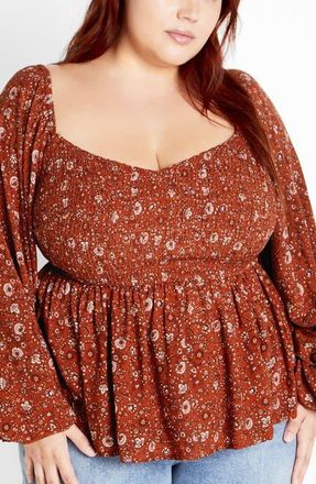 City Chic Monroe Smocked Top in Spice Ditsy at Nordstrom, Size Xxl
