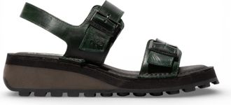 FLY London Womens HEIF558FLY Petrol Green Leather Wedge Buckle Sandals - Size EU 38