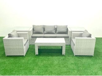 Fimous Rattan Garden Furniture Set 6 Pieces Outdoor Garden Sofa Oblong Coffee Table Set with 2 Chairs 2 Side Tabes Light Grey Mixed - Fimous