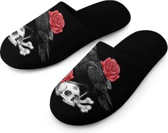Generic Funny Skull Crow Blackbird Mens Slippers Warm Non-Slip Houes Shose Spa Slipper for Home Bedroom