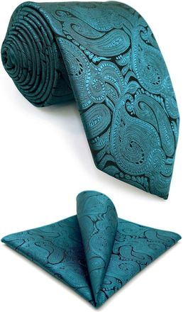 Shlax & Wing Mens Necktie Set Teal Blue Paisley Tie with Pocket Square for Suits Woven Classic Size 57.5×3.15