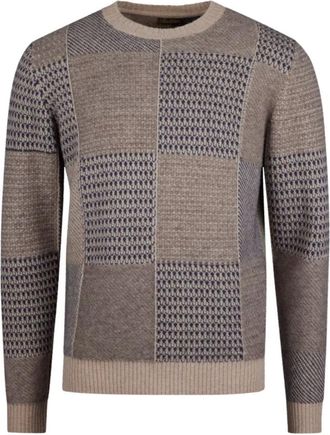 Stenströms Round-neck Knitwear, male, Beige, Size: XL Checked Crew Neck Wool Sweater