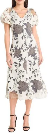 Maggy London Illusion Floral Puff Sleeve Midi Dress in Gray/Ivory at Nordstrom Rack, Size 10