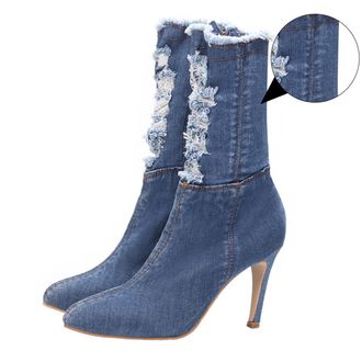 SOLUSTRE Elastic Thin Heels Denim Boots for Women Slimming High Heel Autumn Winter Non-slip Stylish Footwear for Jeans Skirts Dresses