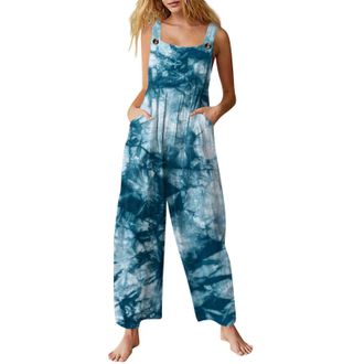 Generic Dungarees Women, Womens Jumpsuit Casual Loose Bib Overalls Elegant Boho Floral Plus Size Wide Leg Jumpsuits with Pockets 03-Light Blue 5XL