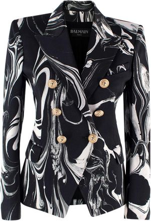 Balmain Black Marble Printed Satin Double Breasted Blazer Size XS
