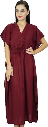 Bimba Solid Long Kaftan Dress for Womens Kimono Sleeves Soft Cotton Beach Cover Up Caftan Maroon