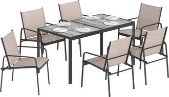 OUTSUNNY Conjunto De Mesa Y Sillas Jard&iacute;n De 7 Piezas Con Mesa De Efecto Madera, 6 Sillas Con Asiento Transpirable, Marco De Acero Galvanizado, Caqui