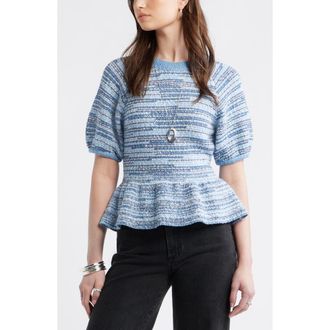 Treasure & Bond Space Dye Puff Sleeve Cotton Peplum Sweater in Blue Vintage Space Dye at Nordstrom, Size Xx-Large