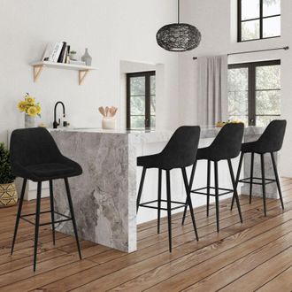 IDMarket Set di 4 sgabelli da bar THALYA in velluto nero con mezzi braccioli