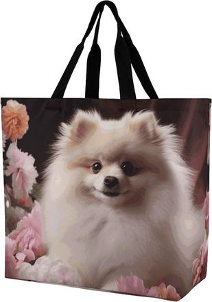 Generic Pomeranian And Flowers Shopping Bag Foldable Women Handbag Durable Handbags For Daily Use Casual Travel