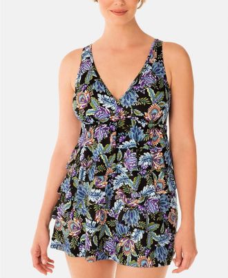 Swim Solutions Boho Play V Neck Ruffle Swim Dress In Multicolor