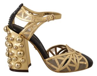 Dolce & Gabbana Zwarte Gouden Leren Ge spikeerde Enkelbandjes Schoenen