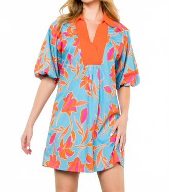 THML Clothing Puff Sleeve Flower Print Mini Dress In Blue