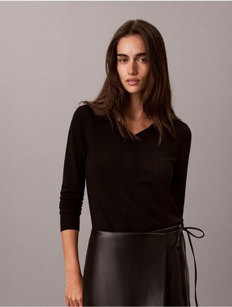 Calvin Klein Womens Pointelle Knit Long Sleeve Top - Black - XL