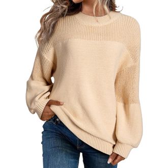 Generic Womens Casual Long Sleeve Sweaters Loose Crewneck Knit Solid Pullover Sweater Jumper Tops Fall Sweater (Khaki, M)