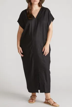 Universal Standard Cabana Linen Blend Caftan Dress in Black at Nordstrom, Size 2Xl