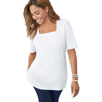 Jessica London Stretch Cotton Square Neck Tee in White at Nordstrom, Size 24