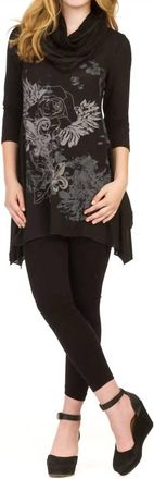Papillon Flower Print 3/4 Sleeve Tunic In Black