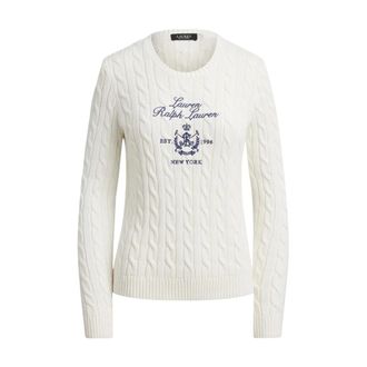 Ralph Lauren Geborduurde Kabeltrui met Wapen - Dames - Ronde hals truien - Wit - L - Katoen - Truien & Vesten
