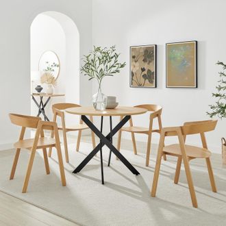 Furniturebox Novara 100cm Oak Veneer Top Round Dining Table & 4 Oak Masa Chairs in Brown