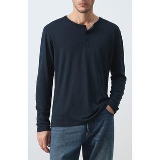 Mango Linen Blend Henley in Navy at Nordstrom, Size X-Large