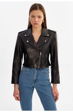 LaMarque Denalda | Leather Cropped Biker Jacket in Black at Nordstrom, Size Xx-Small
