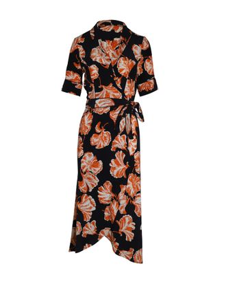 Ganni Ganni Midi Wrap Dress in Black and Orange Silk